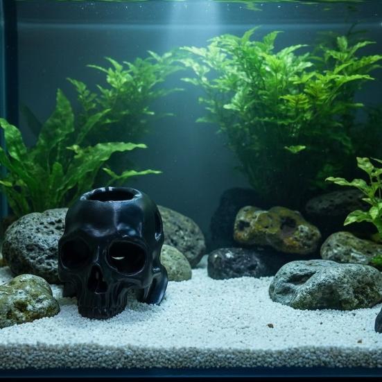 Black Skull Aquarium Hideout 3D Printed Spooky Skull Shrimp Hide Fish Tank Hideout Cave