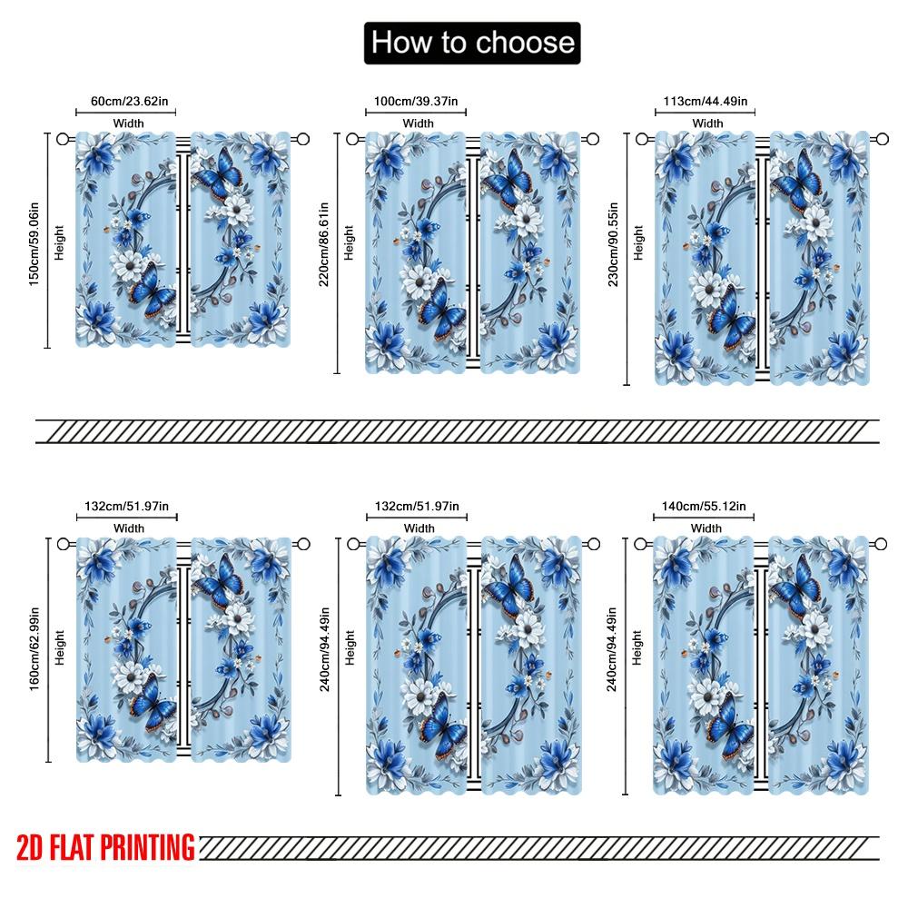 2D flat printing 2pcs Drapes blue flowers Durable Polyester  Without Electricity summer party decorations Perfect for Indoor