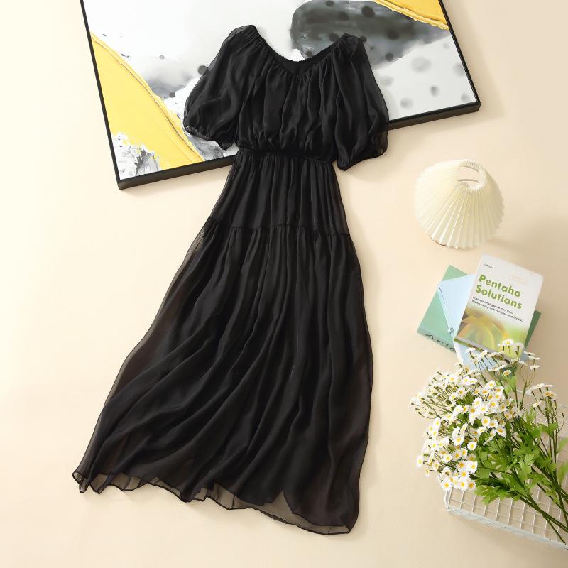 2025 Damen Seidenkleid mit französischen Puffärmeln und V-Ausschnitt