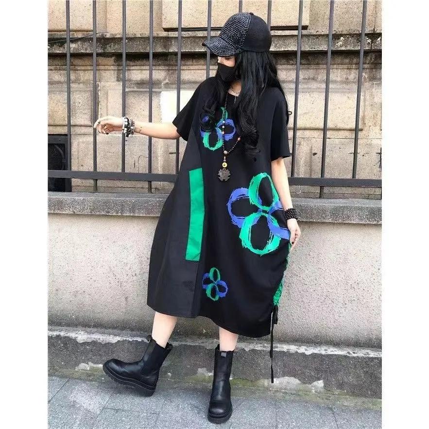 

Платье с принтом, модное лоскутное маленькое свежее повседневное пуловер с веером богини, свободное летнее платье в повседневном стиле One Size чёрный