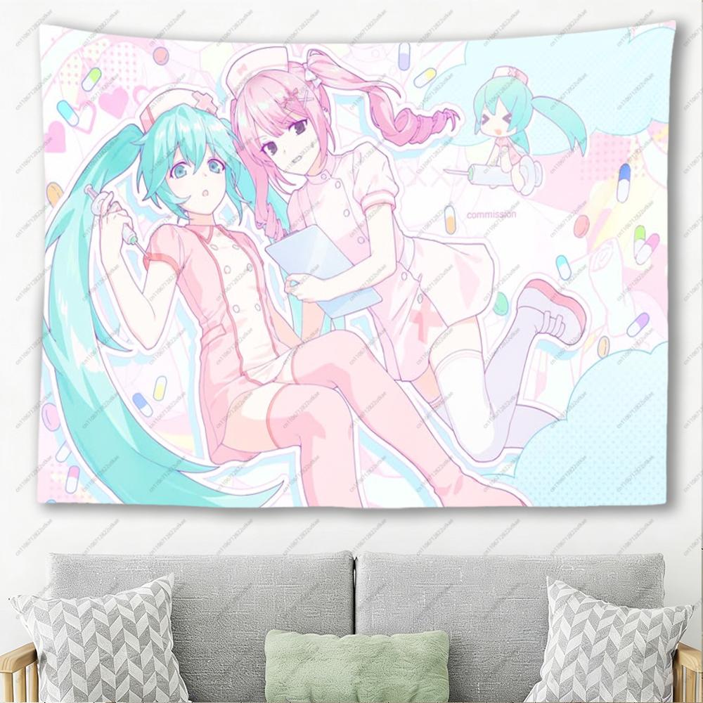Cute Pastel Nurse Anime Girls Pink Tapestry Kawaii Vocaloid Wall Hanging for Anime Room Decor