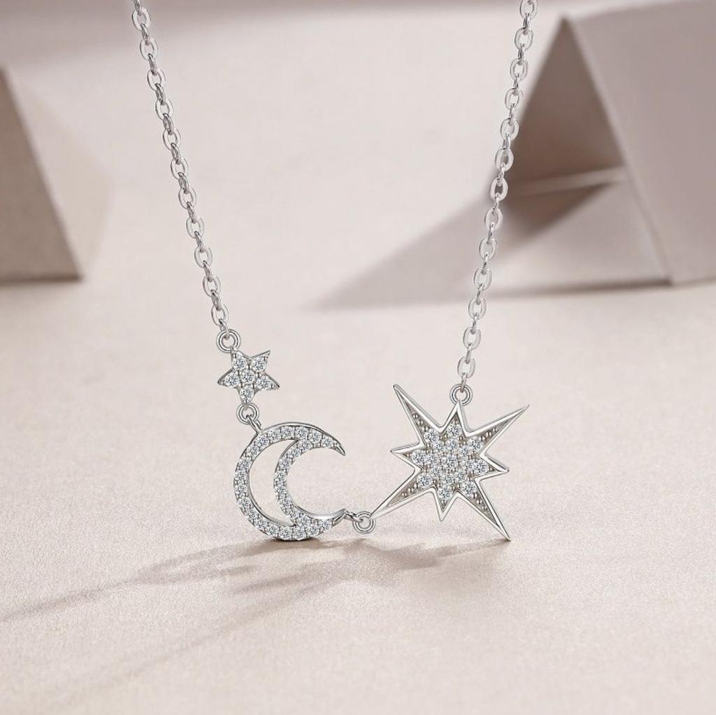 Sweetrain Full Moissanite Necklace for Women 925 Silver Star&Moon Pendant 18k white Plated Female Necklace