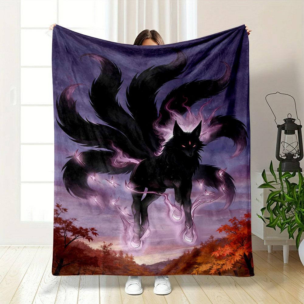 A mystical black nine-tailed fox with glowing purple energy patterns. for all seasons blanket lunch break throw gift