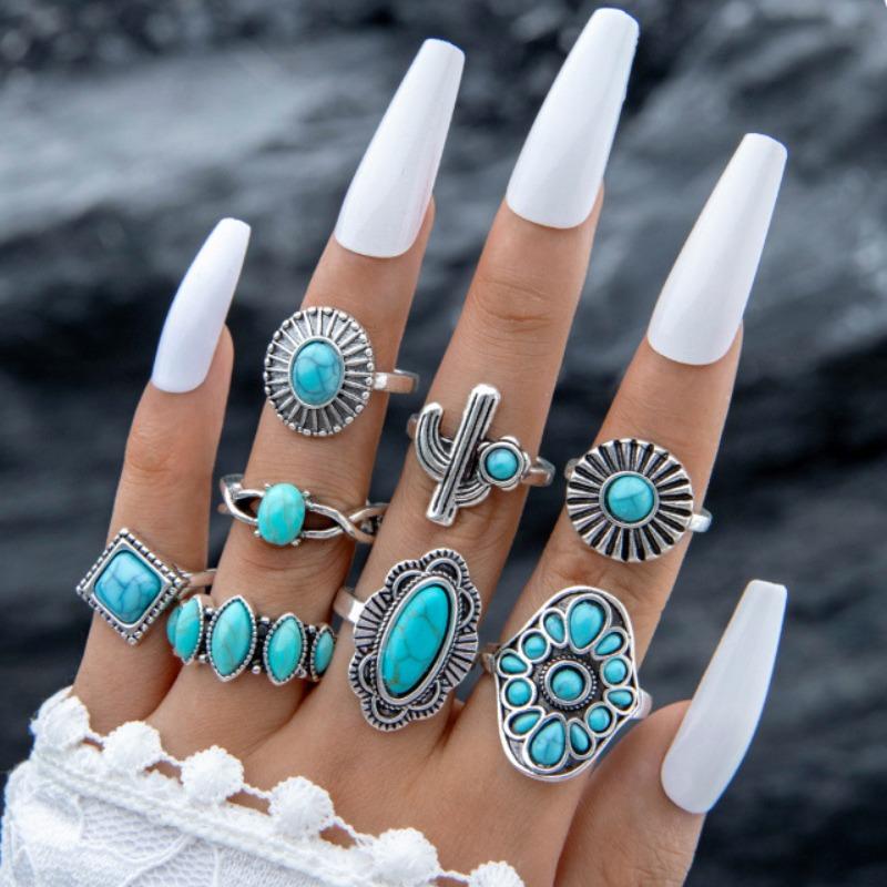 European and American Ethnic Style Carved Feather turquoise Ring Retro Personality Ring Set Combination Ring Set