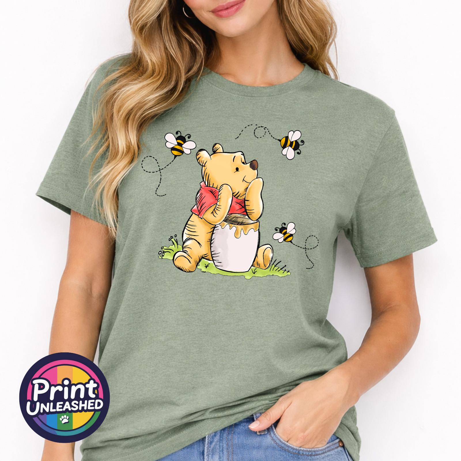 Classic Pooh & Bees Printed T-Shirt Pooh Hunny Adult Cotton Tee S-2XL Cute Gift L