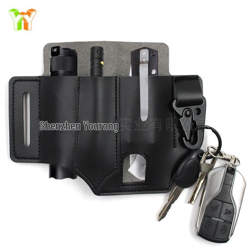 Multifunctional Outdoor Waist Bag with Flashlight & Knife Sheaths, Tool Clip, Leather Wilderness Storage Case.