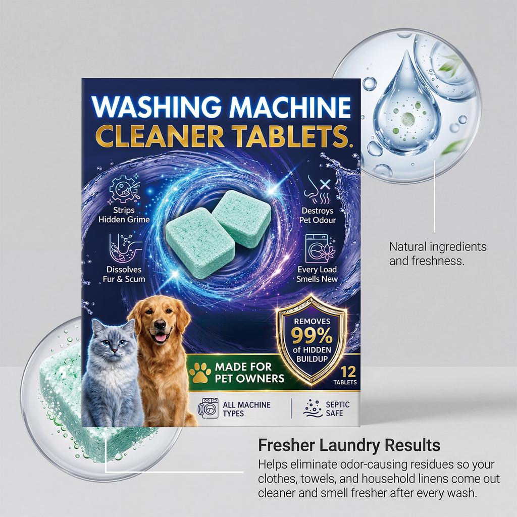 Washing Machine Cleaner Tablets for Pet Owners Removes Hidden Grime Fur and Residue Suitable for Front Load and Top Load Machines 12 Count