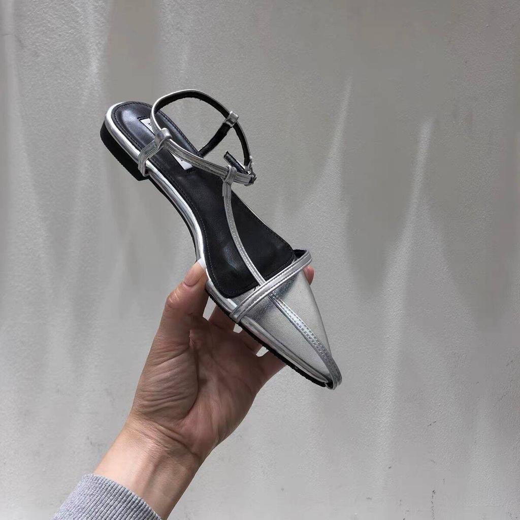 Mode Schuhe mit niedrigem Absatz Sommer Neu Spitz Feiner Riemen Schnürung Metallschnalle Linie mit Weicher Sohle Rutschfest Feinsandale Kleid Schuhe