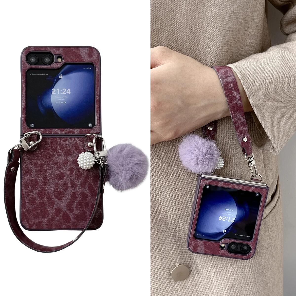 

Чехол для телефона с леопардовым принтом и серебристой окантовкой для Samsung Galaxy Z Flip 7 6 5 4 3, защитная крышка из ПУ кожи с ремешком на запястье Galaxy Z Flip6 фиолетовый