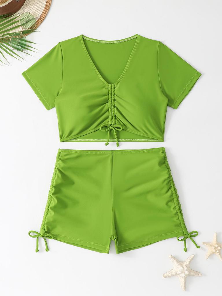 European & American Women's Solid Color High-Waisted Two-Piece Swimsuit Bikini