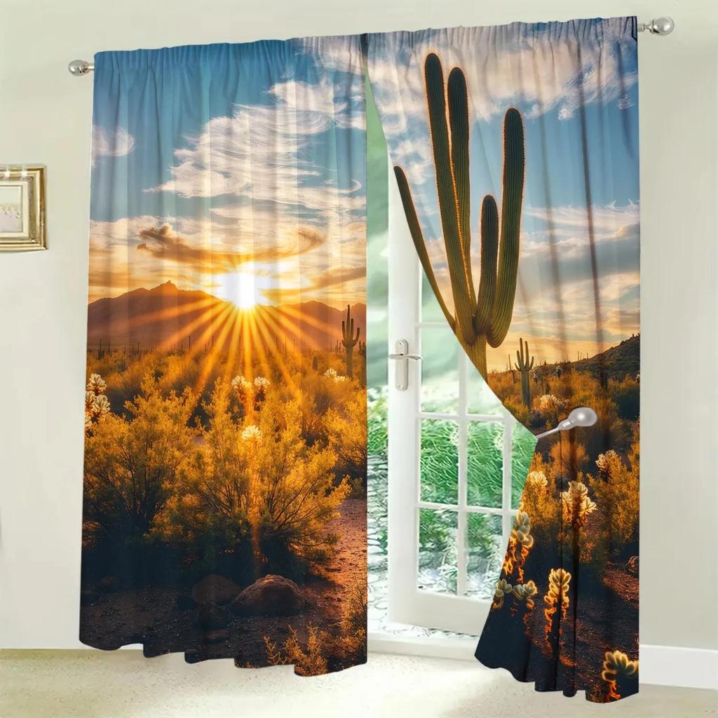 2pcs African Desert Cactus Curtains - Artistic Home Decoration Curtains, All Season Decorative Curtains