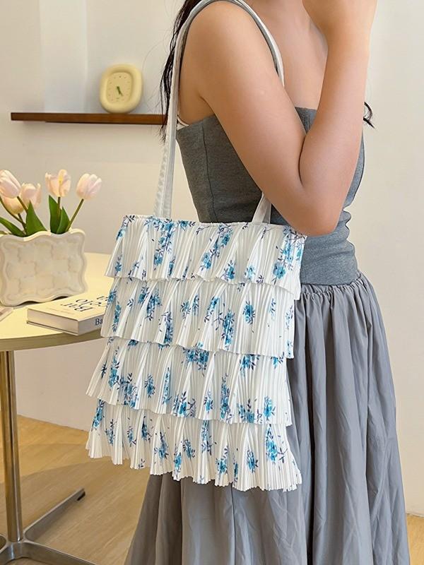 Polyester Wrinkled Tote Bag With Floral Embellishments For Daily Casual Wear