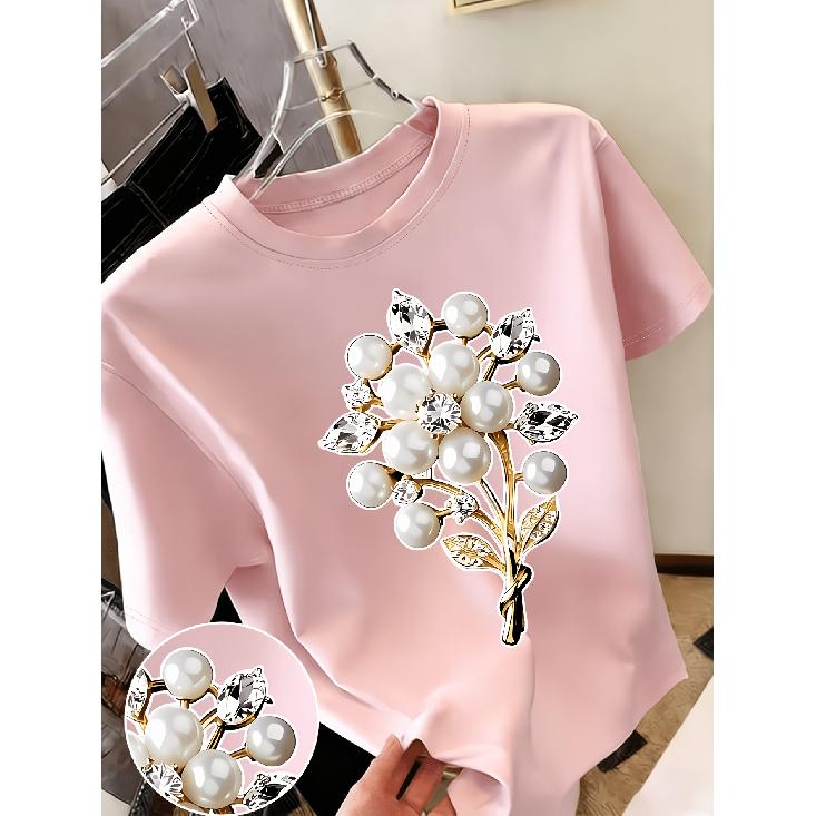 New Sweet Style Pearl and Rhinestone Bouquet Print Short Sleeve Round Neck Shirt T Women's T Shirt Suitable for Casual Outings In Spring and
