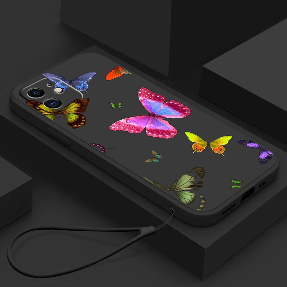 N76 Butterfly with Lanyard Silicone Straight Edge Phone Cases for Xiaomi Poco X5 F6 Redmi Note 13 Pro 12C Realme C55 Huawei Shockproof Cover