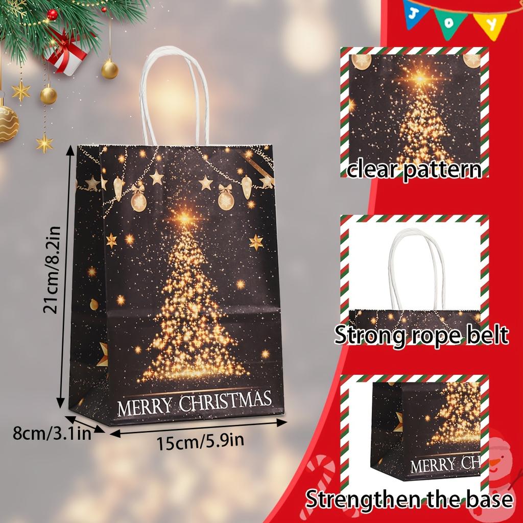 24pcs Black Golden Christmas Gift Bags with Handles Reindeer Christmas Tree Snowflake Kraft Paper Bags Party Favor Goody Bags