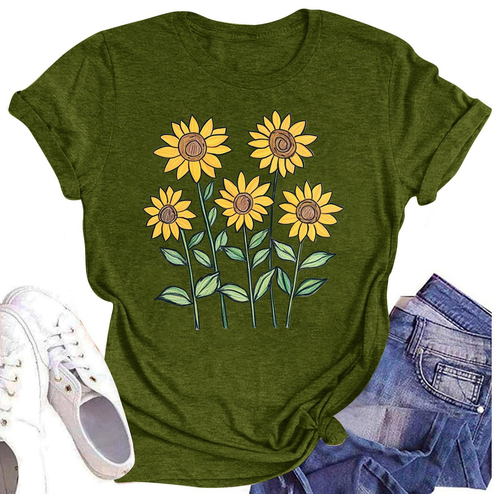 

Женская повседневная футболка с круглым вырезом и цветочным принтом, короткий рукав L армия зеленый
