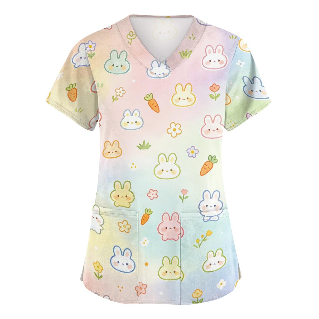 Women's V Neck Short Sleeve Work Top with Pockets Animal Print Medical Scrub Shirt for Caregivers Nurse Uniform