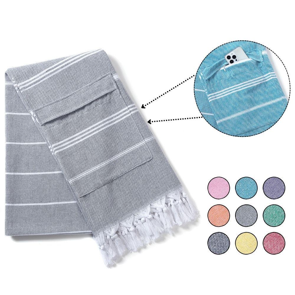 Cotton Striped Tassel Beach Towel with Invisible Zipper Pocket - Quick Dry & Absorbent