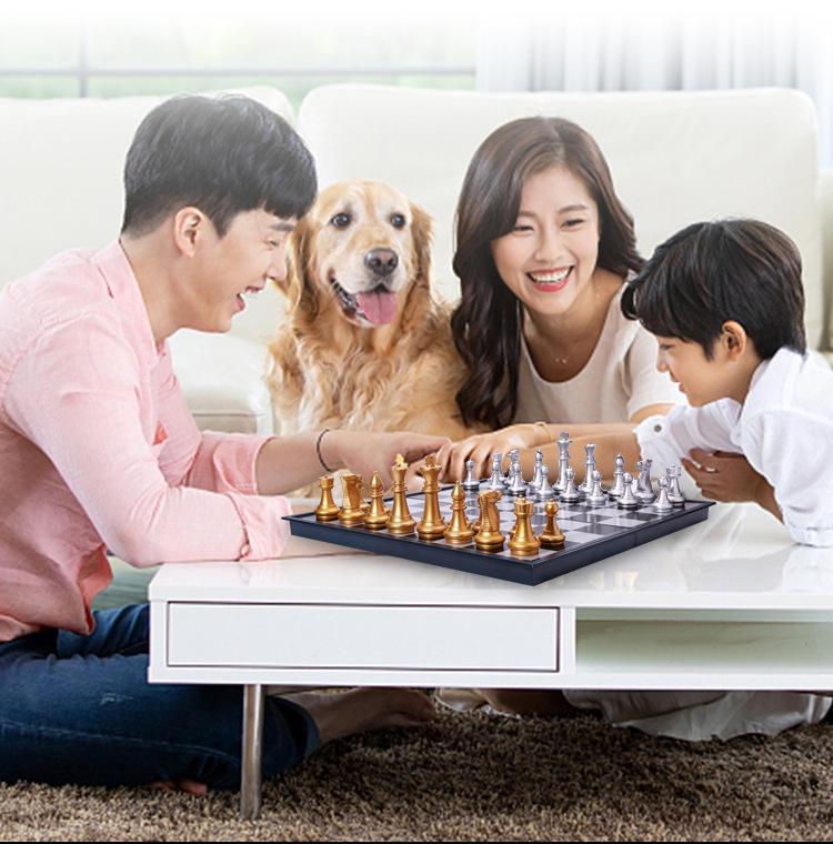 UB Magnetic Gold and Silver Folding International Chess Set - Medium Size for Adults and Kids