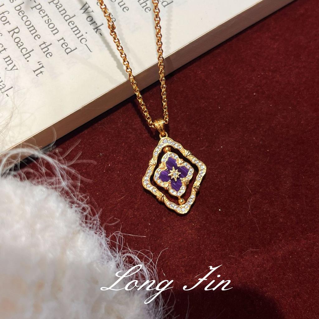 French Retro High-End Purple Dragon Crystal Turquoise Bracelet, Necklace, Earrings, Court Style Four-Leaf Clover Set, Live Broadcast Special