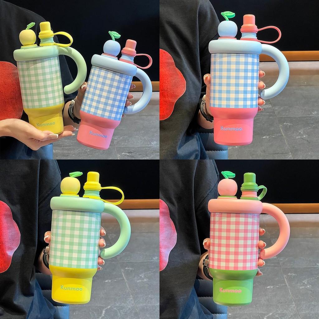 Thermos mit großer Kapazität, doppelwandig aus Edelstahl, mit Strohhalm für Kinder und Erwachsene