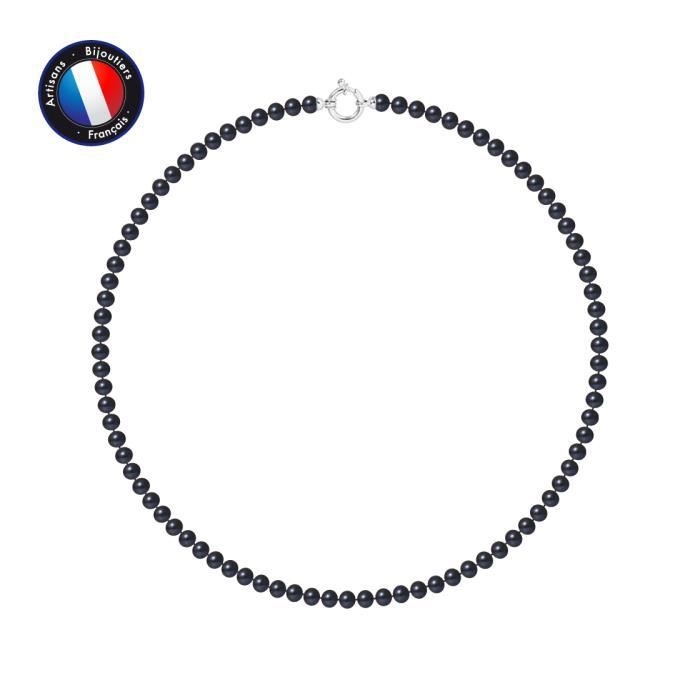 PERLINEA - Collier Perle de Culture d'Eau Douce AAA+ Semi-Ronde 5-6 mm - Noire - Anneau Marin - Argent 925 Millièmes - Bijoux Femme