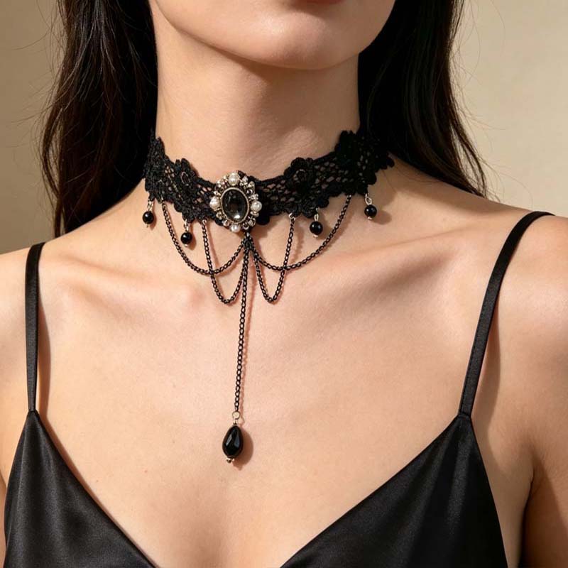 Vintage Black Lace Flower Tassel Chokers Necklace For Women Fashion Crystal Clavicle Chain Necklace Y2K Jewelry Gifts