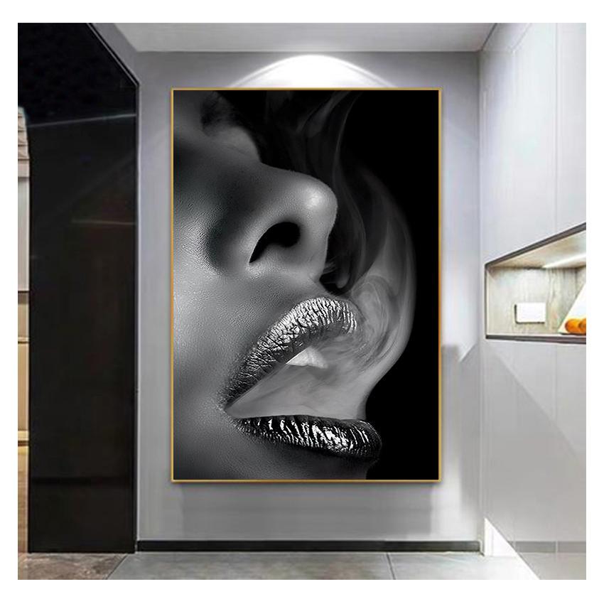 Malerei Frauenporträt Skandinavien Poster und Drucke Wandkunst Bilder Für Wohnzimmer Sofa Schwarz Weiß Lippe Cuadros Leinwand