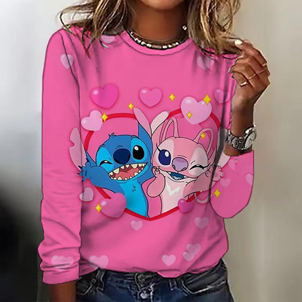 New women's round neck T-shirt long sleeved top Disney Christmas Stitch print fashionable and trendy women's T-shirt top for aut
