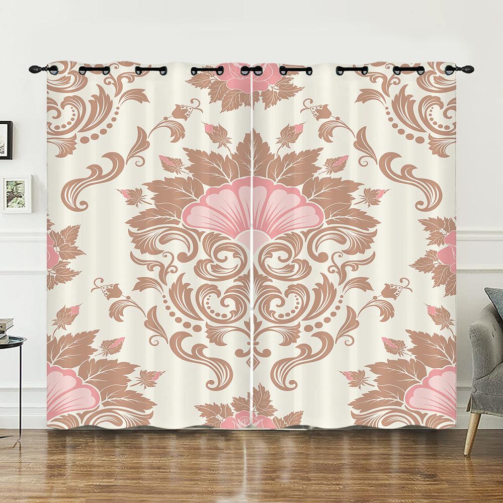 Curtains Court Pattern Retro Flower Curtain Digital Printing Blackout Curtain No Punching