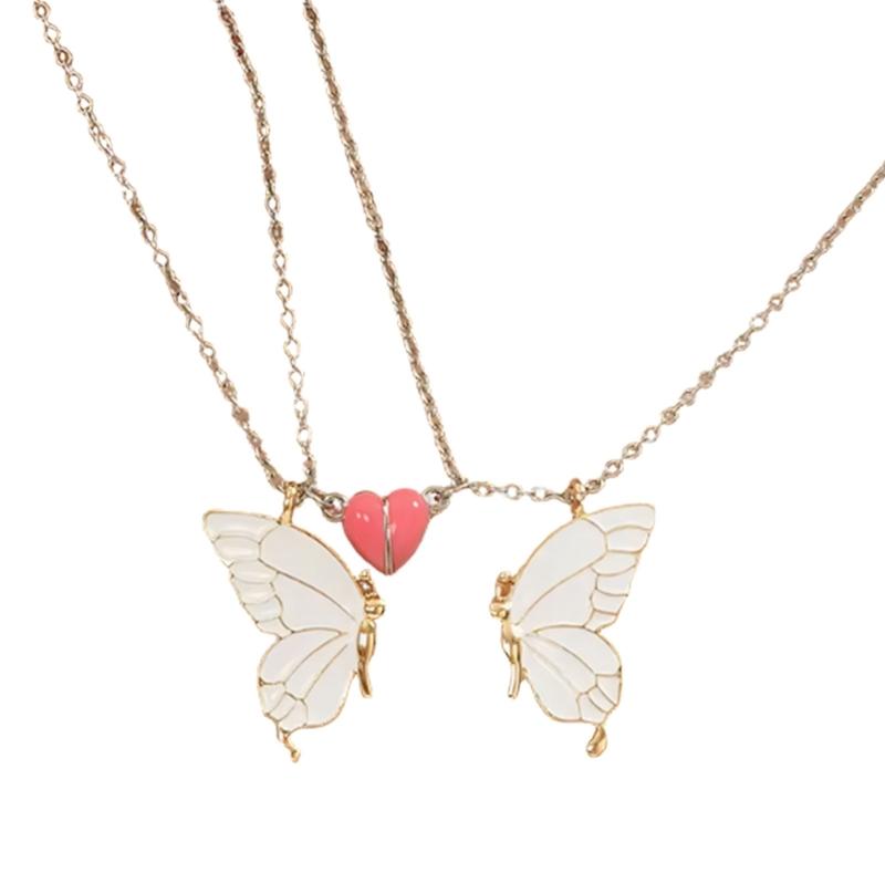 

2PCS Matching Butterfly Drop Oil Pendant Necklaces Featuring Luminous Effect And Secure Magnetic Closure