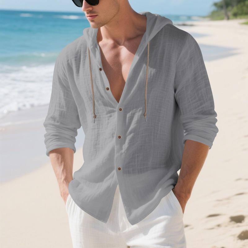 Spring Autumn Vintage Cotton Linen Hooded Shirt Male Long Sleeve Casual Fashion Blouse Men Solid Cardigan Top