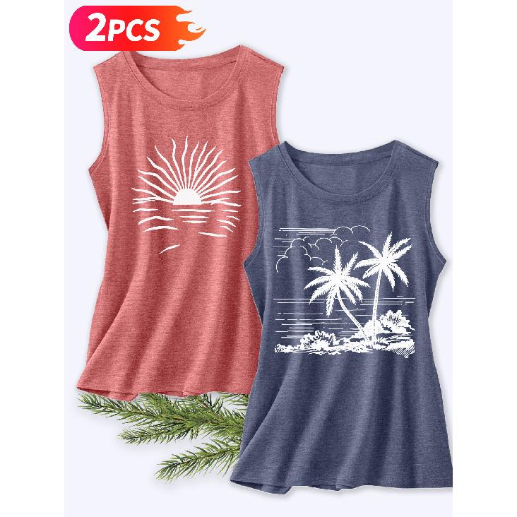 Follow a Specific Direction Two-piece Women's Tank Top with Beach Coconut Tree Print Elegant Summer Party Outfits Sleeveless Vest Essential Fashion