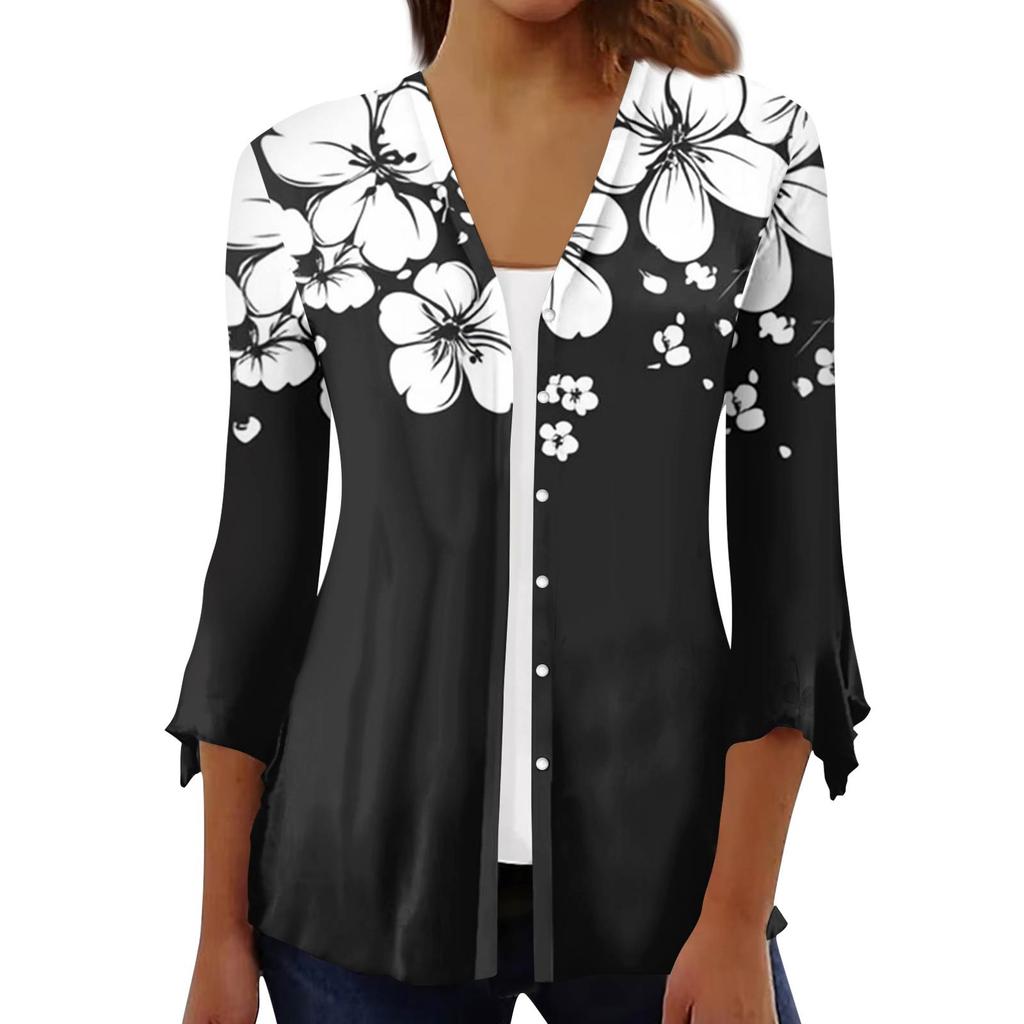 Women's Fashion Loose Casual Printed Seven-Part Sleeve Button Down Blouse Cardigan Top