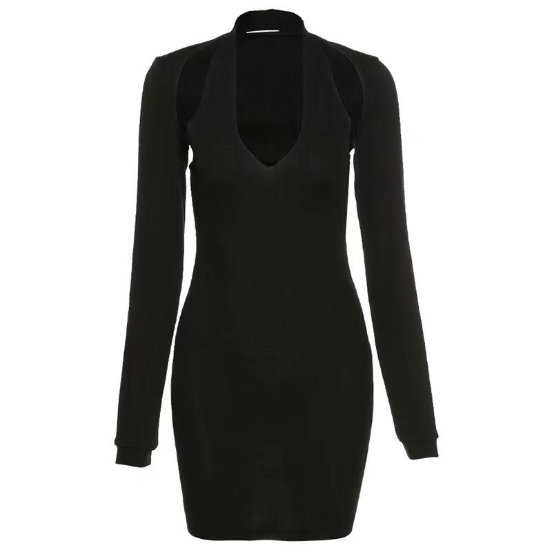 Women's Fashion Temperament Solid Color Dress U-neck Low-cut Long-sleeved Halterneck Slim Short Dress
