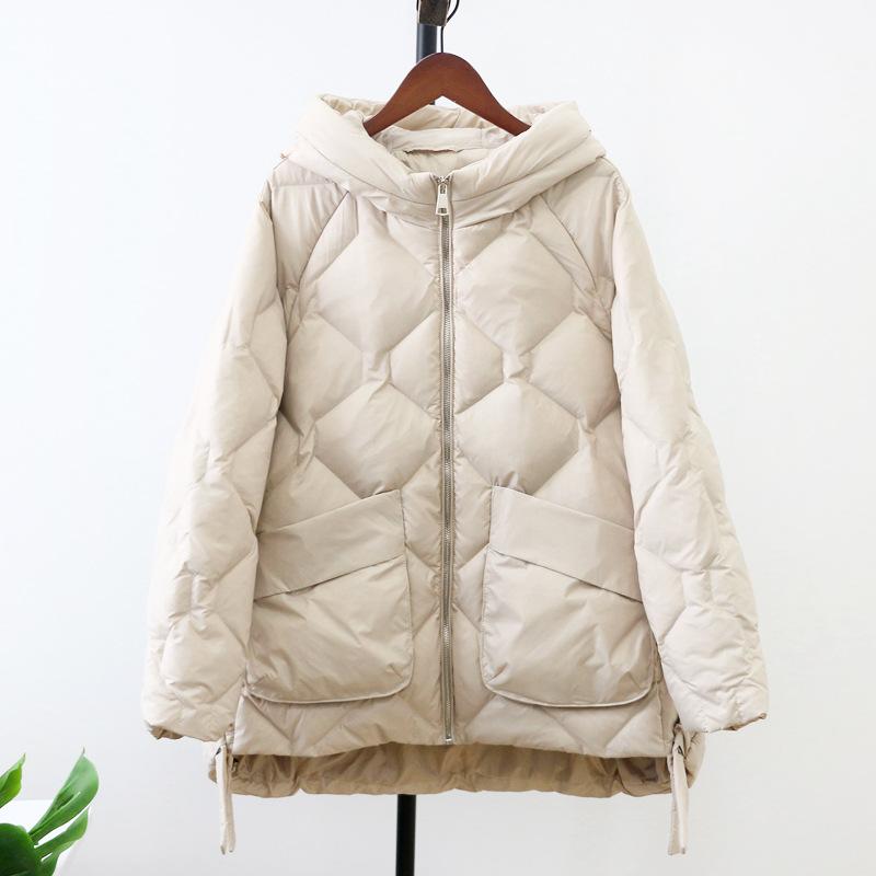 

Зимняя женская белая утиная пуховая куртка повседневная свободная модная верхняя одежда с капюшоном стеганое пальто короткая легкая теплая парка XS бежевый