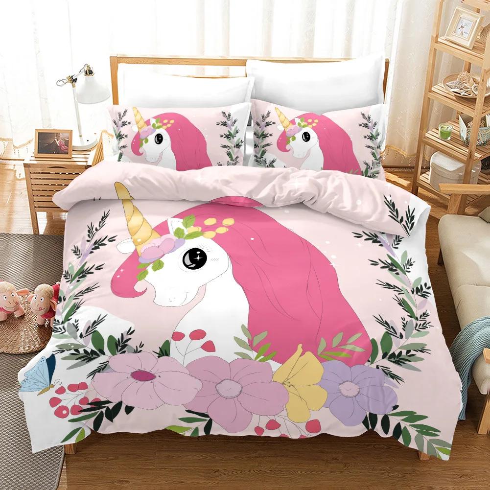 Children's Birthday Gift Twin Bedding Set Home Textile Cartoon Cute Pink Unicorn Bedding Set Duvet Cover Bed Sets For Girl
