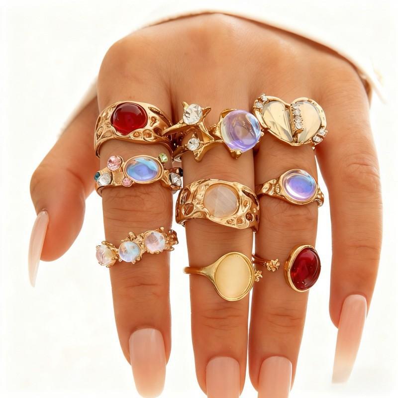 IF ME Floral Gemstone Ring Set For Women Vintage Irregular Lava Texture Opal Inlaid Rings Trendy Statement Jewelry