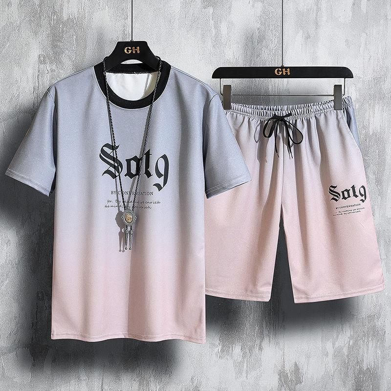 Harajuku Hip Hop Sommer Herren-Trainingsanzug, 2-teiliges Set, dünn, weich, atmungsaktiv, Jogginganzug, männlich, kurzärmeliges T-Shirt und Shorts-Sets