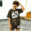 67 Leopardenmuster bedrucktes Kinder-T-Shirt und Shorts 2-teiliges Set Sommer Freizeit-Outfit für Jungen und Mädchen Kleidung Oberteil