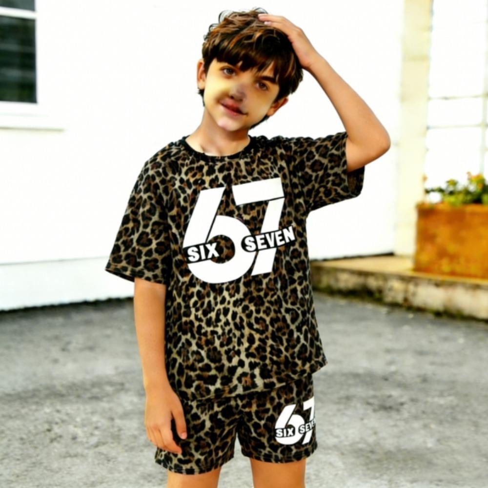 

67 Набор из 2 предметов: детская футболка и шорты с принтом «Леопард», летний повседневный комплект для мальчиков и девочек, топ 100