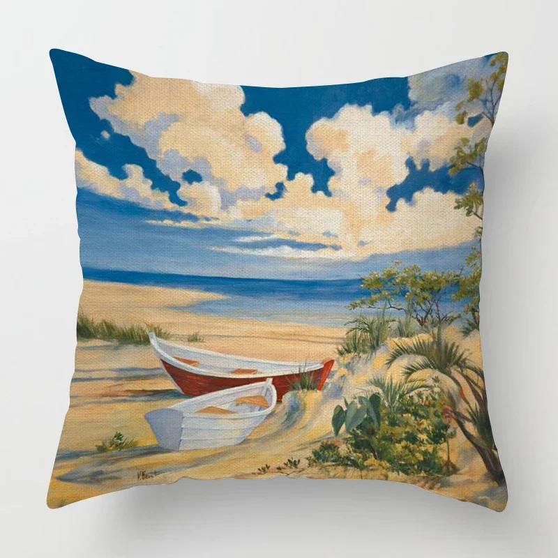 Beach landscape pattern throw pillow cover with short plush print for living room sofa decoration cushion cover pillow covers