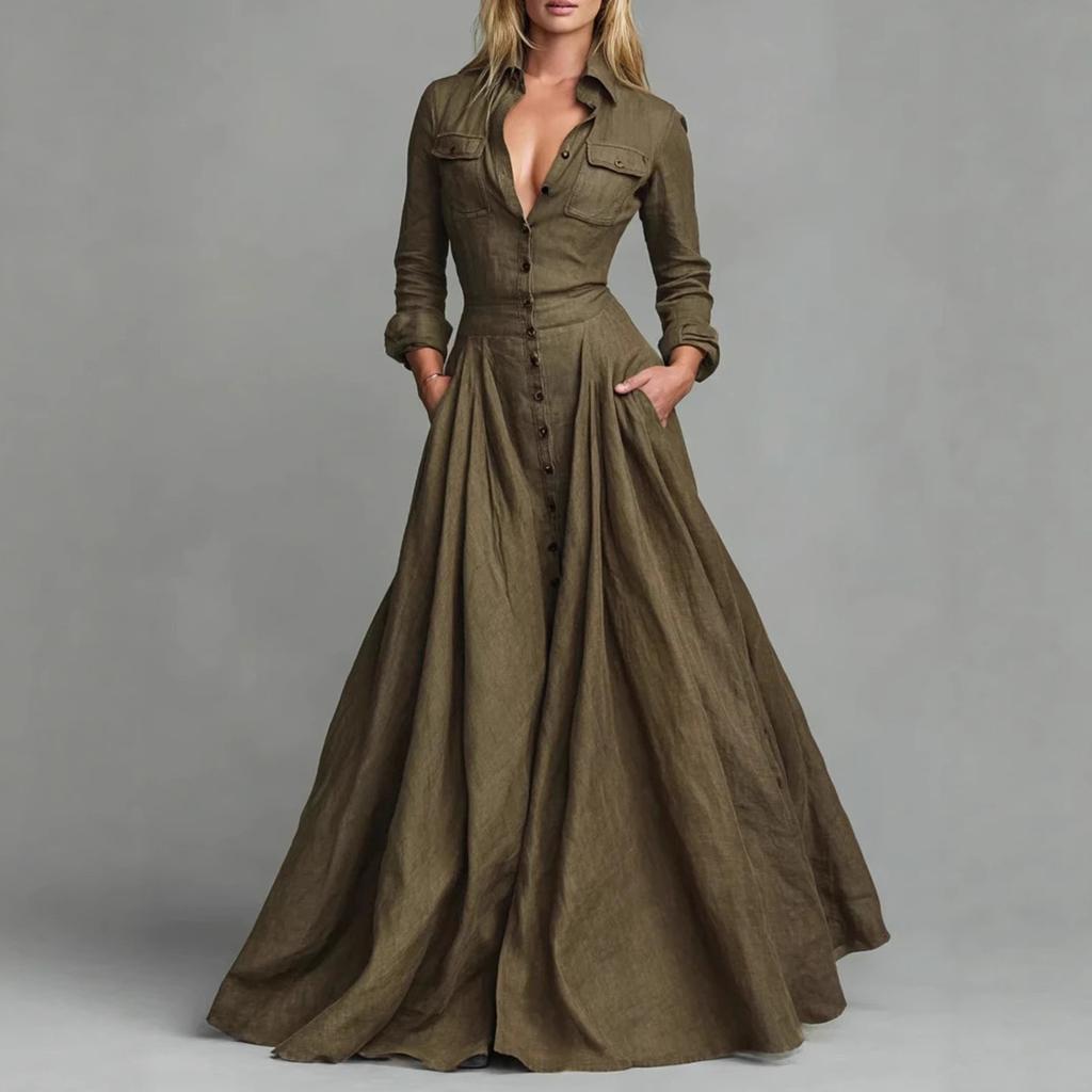 Women Long Sleeve Shirt Dress High Waist Flared Maxi Dress Button Down Front Collared Casual Dress with Pockets