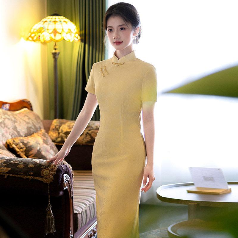 Yellow national style new Chinese long cheongsam improved young 1011 new women's high-end short sleeves daily summer