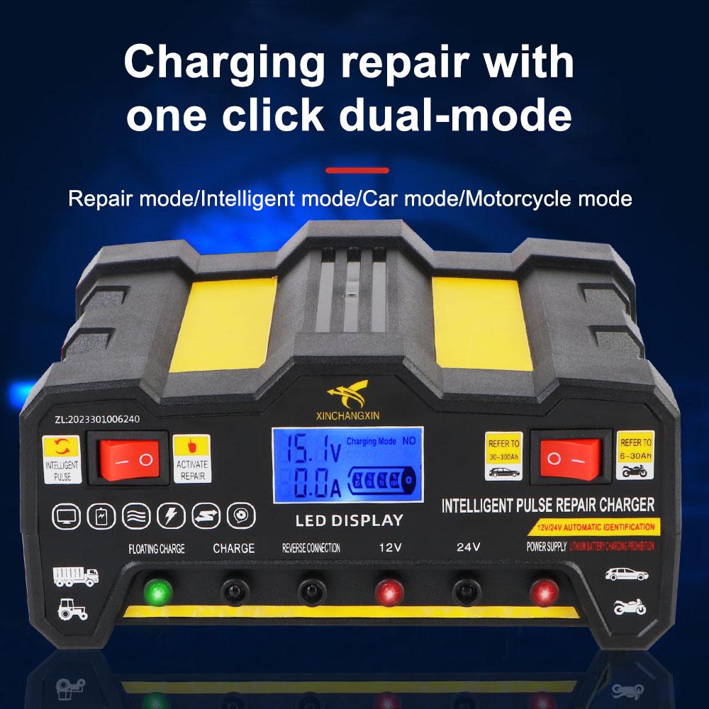 For Wet Dry Lead Acid EU Plug Full Automatic Car Battery Charger 300AH Intelligent Pulse Repair Battery Charger 220W LCD Display