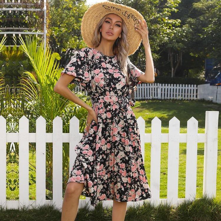 Women Floral Print Long Dress Summer Fall Casual O Neck Short Butterfly Sleeve High Waist Slim Bandage Belt Sizes S To XL