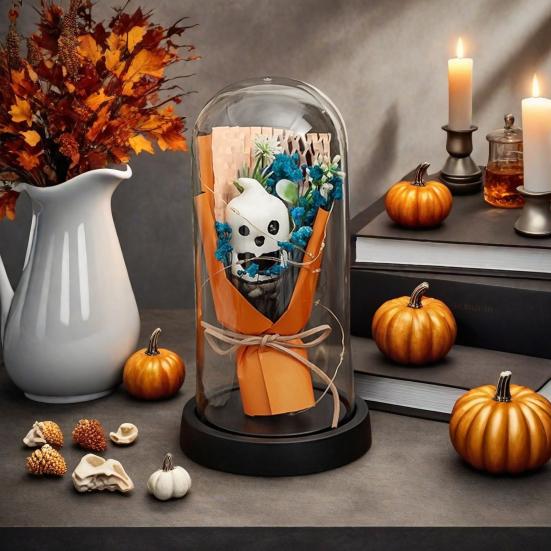 LED Clear Dome Pumpkin Night Light Halloween Light-up Pumpkin In Cloche with Artificial Flower for Home Kitchen Mantel Party Decor