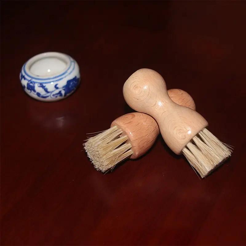 Gourd Shaped Shoe Brush Beech Wood Handle & Natural Pig Bristles for Polishing Cleaning Ash Removal, Multifunctional Care Tool