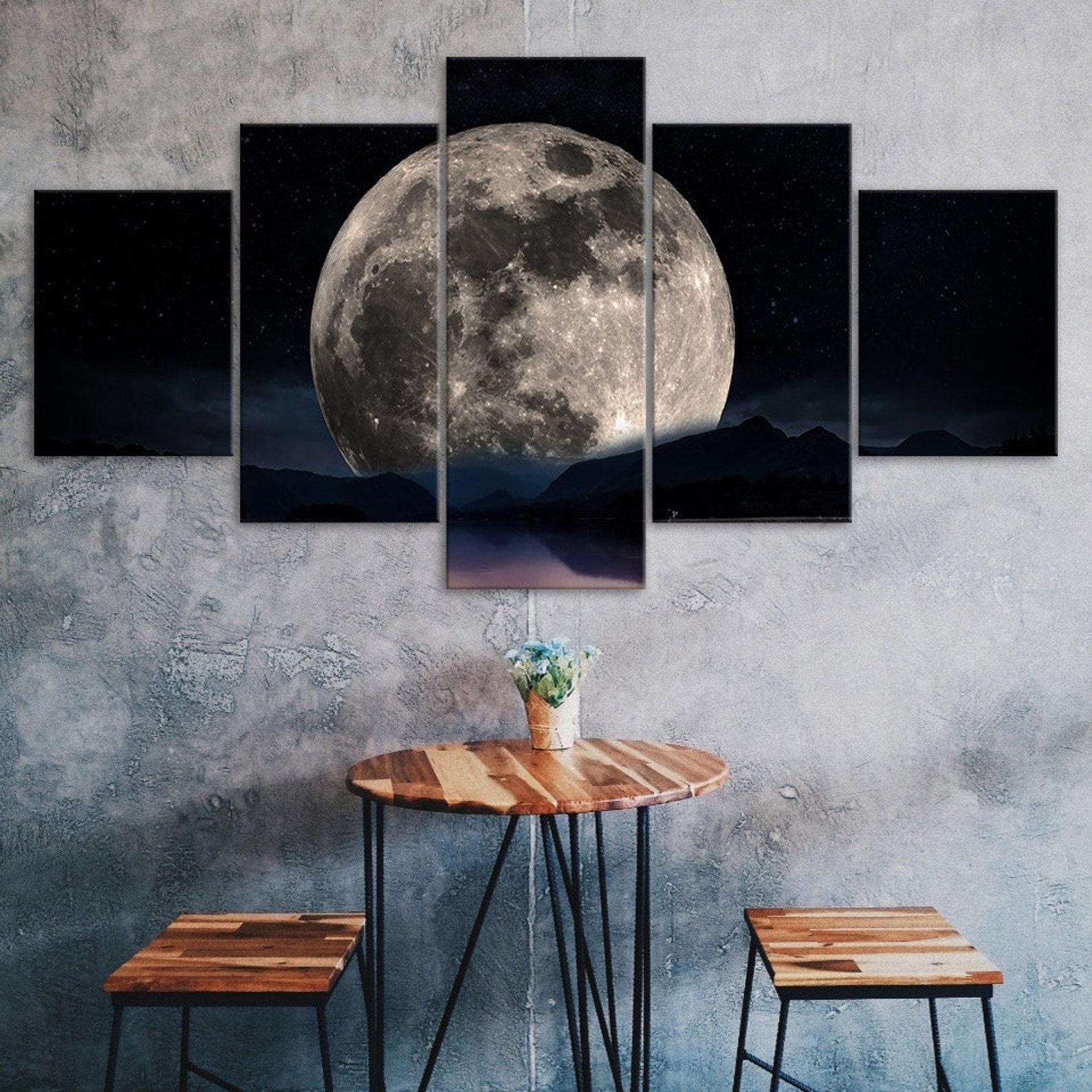 

Full Moon Dark Night Canvas 5 Piece Five Panel Wall Print Modern Art Poster Picture Home Decor Gift For Him Her 20X35 20X45 20X55CM