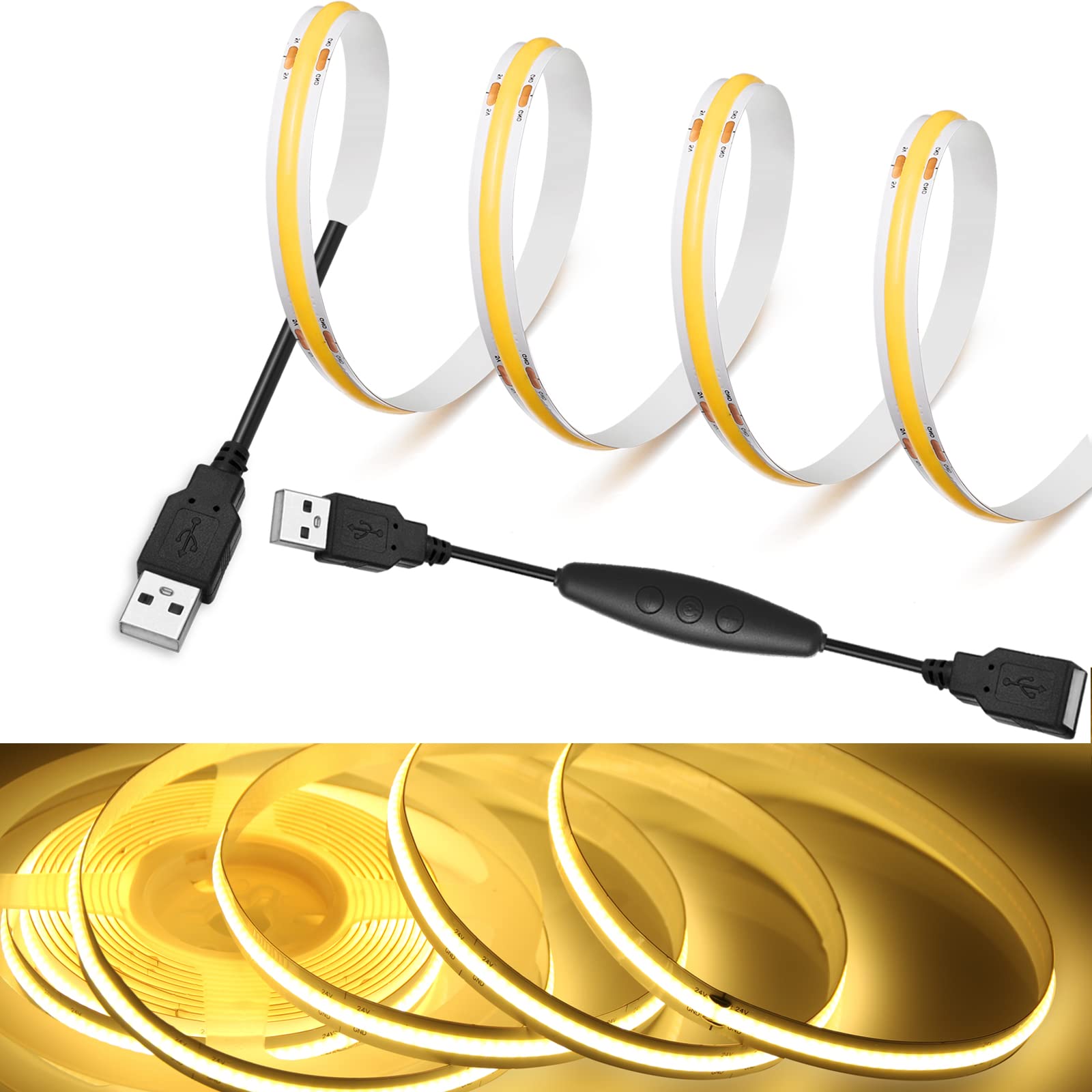 

Rye LED Strip Light, DC5V COB Flexible Tape Light, High Density, 2m, 320 LEDsm, 3000K Warm White, 180° Brightness, CRI90, Power Cord Switch, 5-Level